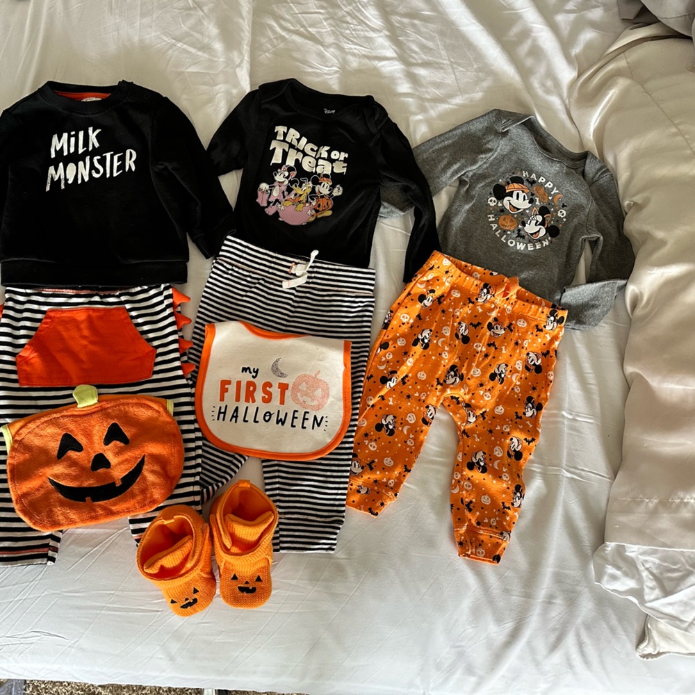 Halloween baby apparel and jack-o’-lantern baby carrier cover